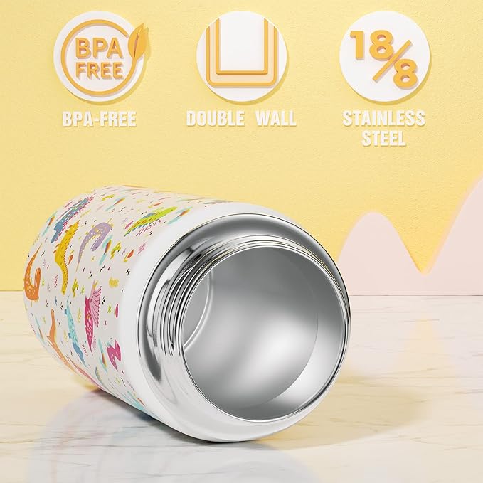 Fimibuke Kids Insulated Water Bottle, 14oz BPA FREE 18/8 Stainless Steel Travel Tumbler Double Wall Vacuum Leak Proof Kids Cup with Straw Metal Bottle for School Boys Girls(1 Pack, WHITE DINOSAUR)