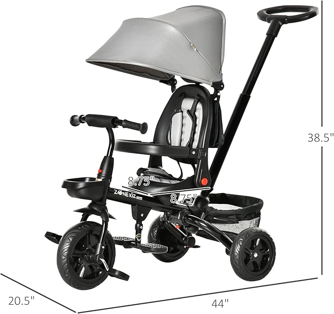 Qaba Kids Tricycle, 4 in 1 Foldable Trike with Reversible Seat, Adjustable Parent Handle, Safety Harness, Wheel Brakes, Removable Canopy, Storage, Tricycle for Toddlers 1-5 Years, Gray