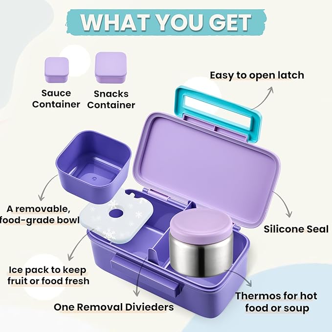 PIQUEBAR Kids Lunch Bento Box with 8oz Thermo Ice Pack Food Container with Insulated Lunch Bag, Insulated Water Bottle with Straw for Girls Boys, (A-Purple)