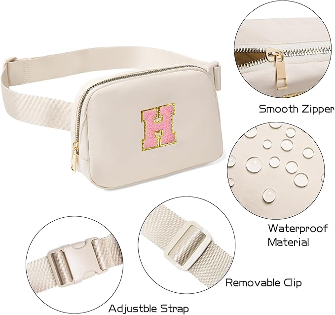Gitus Belt Bag Fanny Pack Crossbody Bags with Initial Letter Patch Cute Stuff Birthday Gifts for Teenager Girls Trendy Preppy Stuff for Teen Girls(Beige-H)