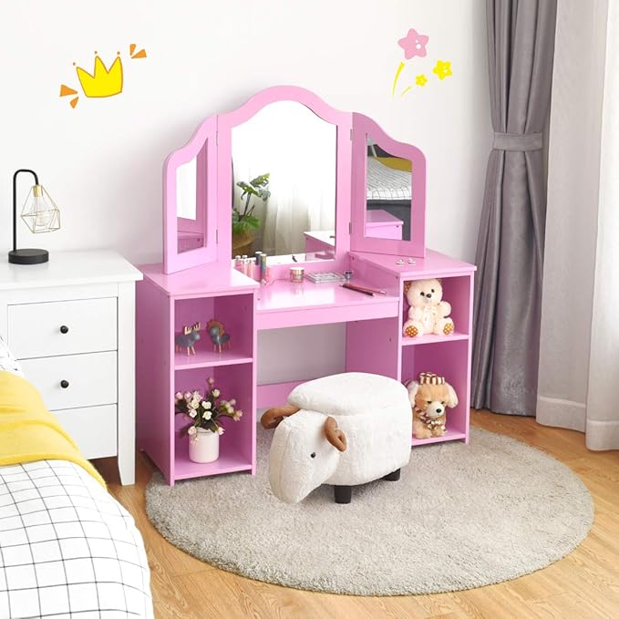 Costzon Kids Vanity, 2 in 1 Princess Makeup Desk Dressing Table with Detachable Top, Toddler Vanity with Tri-fold Mirror & Storage Shelves, Vanity Set for Little Girls, Pink