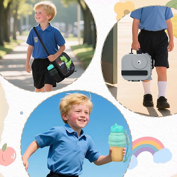 Dinosaur Lunch Box for Kids with Secret Compartment | 4 Compartments Bento Box + 12oz Insulated Food Jar | Leak-Proof Sauce Cup & Collapsible Spoon | BPA-Free, Dishwasher Safe(Grey+Grey Jar)