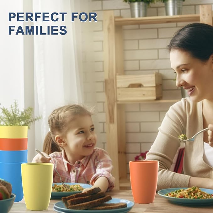 unbreakable wheat straw cups 20oz set of 6 with textured pattern anti slipping,big plastic drinkings cups microwave safe and dishwahser safe. Yellow-Orange-Blue