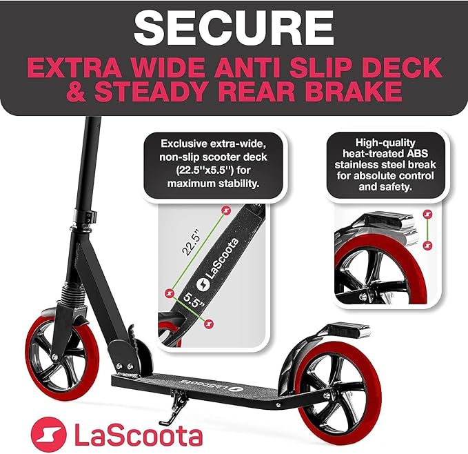 LaScoota Kick Scooter for Kids Ages 6+, Teens & Adults, Large 8" Sturdy Urethane Wheels. Adjustable Handlebar, Lightweight, Foldable, 220lbs Max Load