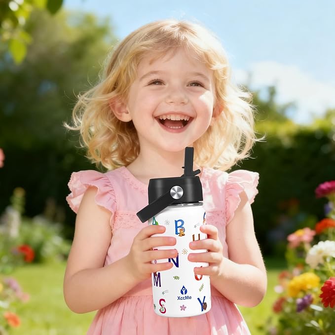 Alphabet Kids Water Bottle With Straw Lid,14 oz Stainless Steel Travel Bottle,Double Wall Leak Proof Kids Cup,Insulated Tumbler for Toddlers,Metal Animal Bottle for School Boys Girls