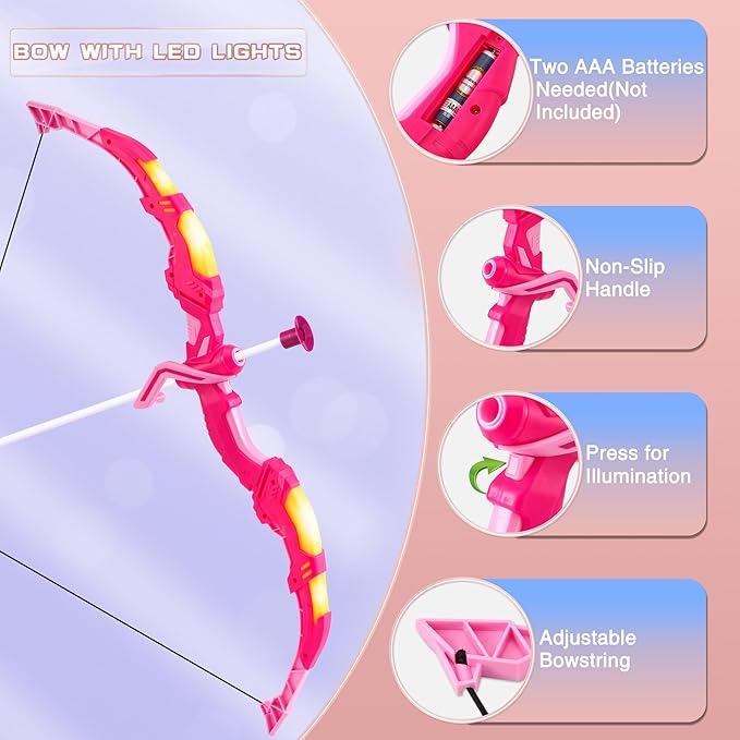 Bow and Arrow Set Girl Toys: 2 Pack LED Light Up Archery Set with 20 Suction Cup Arrows, Birthday Gift for Girls 5 6 7 8 9 10 11 12 Year Old, Outdoor Activities Toys Essentials for Kids Age 4-8 8-12