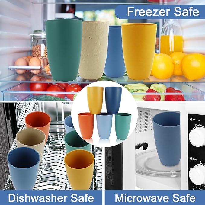 Wheat Straw Cups 20 OZ Large Capacity Set of 6, Unbreakable Drinking Cups Reusable, Alternative to Plastic Cups Reusable, Dishwasher Safe Water Tumblers (Multicolor)