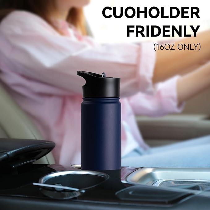 16 oz Insulated Water Bottle for School, Straw & Spout Lid, Keep Cold 24H, Spill Proof, BPA-Free, Double Wall Stainless Steel Kids Water Bottles for Sports, Gym, Travel, Navy Blue