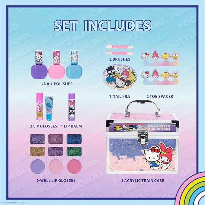 Hello Kitty & Friends Train Case Beauty Set, Kids Makeup Kit for Girls, Real Washable Makeup Set, Play Makeup, Party Favor, Birthday, Ages 3 4 5 6 7 8 9 10 11 12 by Townley Girl