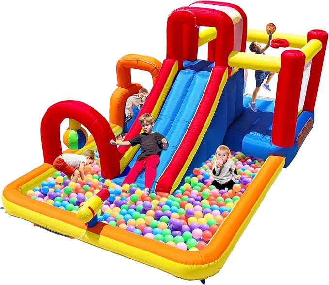 Bounce House with Slide and Obstacle Course for Kids 3-8 - Bounce, Climb, Slide, Boxing Ball, Small Climb&Slide for Indoor Outdoor Kids Party, Optional Water Slide & Pool for Summer Fun