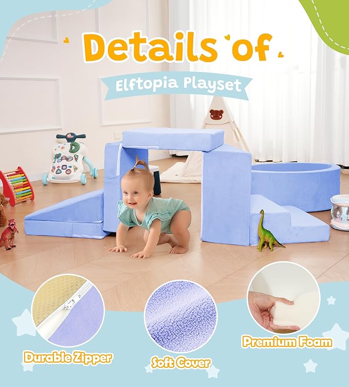 Foam Climbing Blocks with Ball Pit & Stairs for Toddlers Aged 1-3 -Soft Playset for Indoor Crawling, Foam Playground Set for Baby to Active Playing Inside -(Balls NOT Included),Light Blue