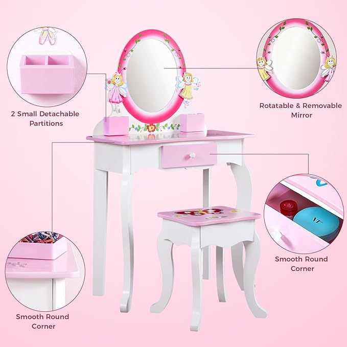 Kids Vanity Set Wooden Princess Play Makeup Table with Mirror, Drawer & Flower Fairy Design, Includes Stool - Toddler Girls Dress Up Dressing Furniture Gift for 3+ Years (Pink/Green)