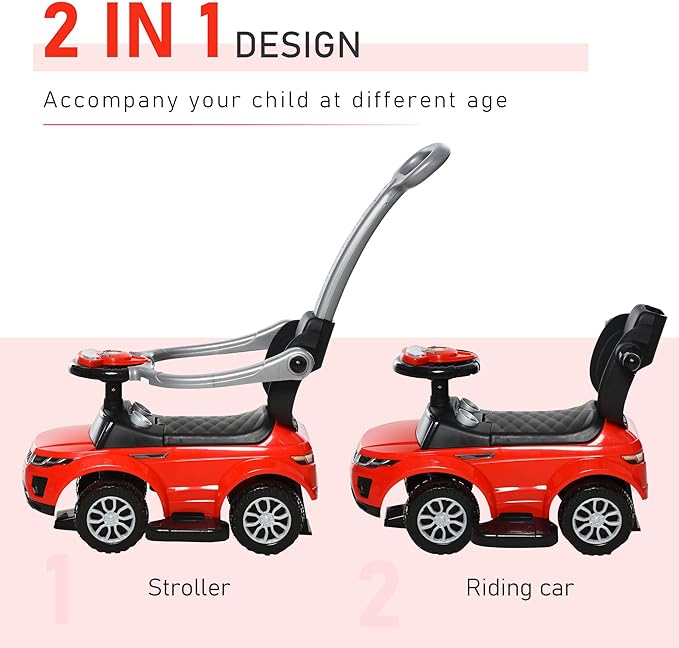 Aosom 2 in 1 Push Cars for Toddlers Kid Ride on Push Car Stroller Sliding Car with Horn Music Light Function Secure Bar Ride on Toy for Boy Girl 1-3 Years Old Red