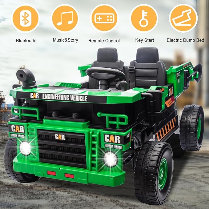 24V 4WD 2-Seater XL Kids Ride on Truck Electric Toy Car with Electric Dump Bed, Parents Remote Control Kids Car Tractor Toys Ride-on Dump Truck for Boys and Girls Ages 3+, Geen