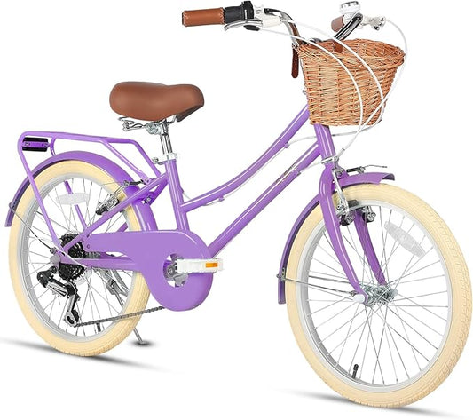 Glerc 20 24 26 Inch Beach Cruiser Bike, 6-Speed Hybrid City Bicycle for Girls Youth and Over 6 Years Old, Missy Bike with Wicker Basket & Lightweight, Multiple Colors