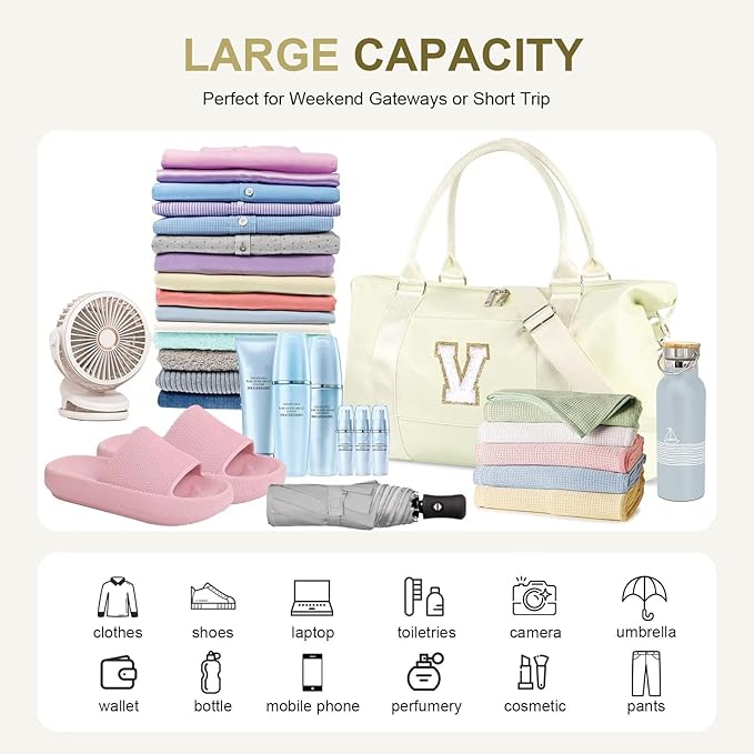 Dance Gym Duffel Bag for Teen Girls, Personalized Initial Travel Weekender Bag,Cute Overnight Carry On Duffle for Women,Sports Travel Cheer Bag,Monogram Christmas Gifts for Tween Preppy(beige-V)