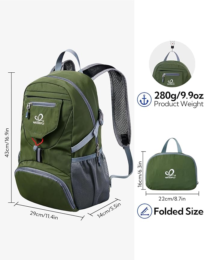 WATERFLY Small Lightweight Packable Backpack: 20l Ultra Light Foldable Travel Hiking Camping Daypack Day Pack for Man Woman