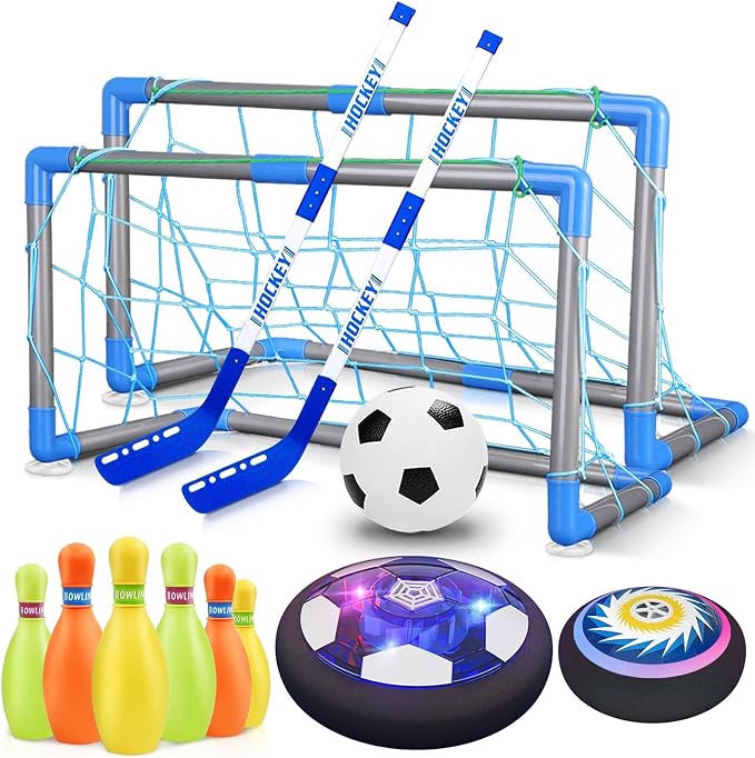 HopeRock 3-in-1 Hover Soccer Ball Hockey Bowling Set, Indoor and Outdoor Toys for Kids Ages 3-12, Outside Toys with LED Lights, Christmas Birthday Gifts for 3 4 5 6 7 8 9+ Year Old Boys Girls