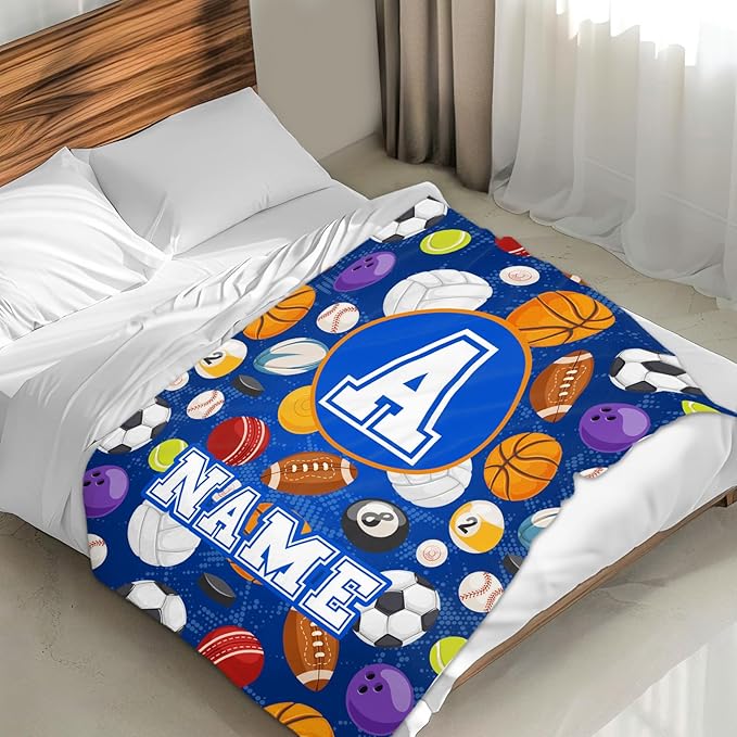 Boys Blanket Custom with Name Sports Blanket Gifts Ideas for Kids 6-8, Personalized Cute Soft Cozy Flannel Monogram Ball Throws for Couch Sofa Bedding Room Home Decor (4 Sizes)