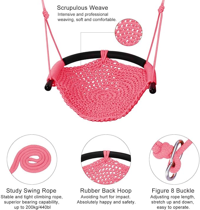 JKsmart Swing Seat for Kids Heavy Duty Rope Play Secure Children Swing Set,Perfect for Indoor,Outdoor,Playground,Home,Tree,with Snap Hooks and Swing Straps,440 lbs Capacity,Pink