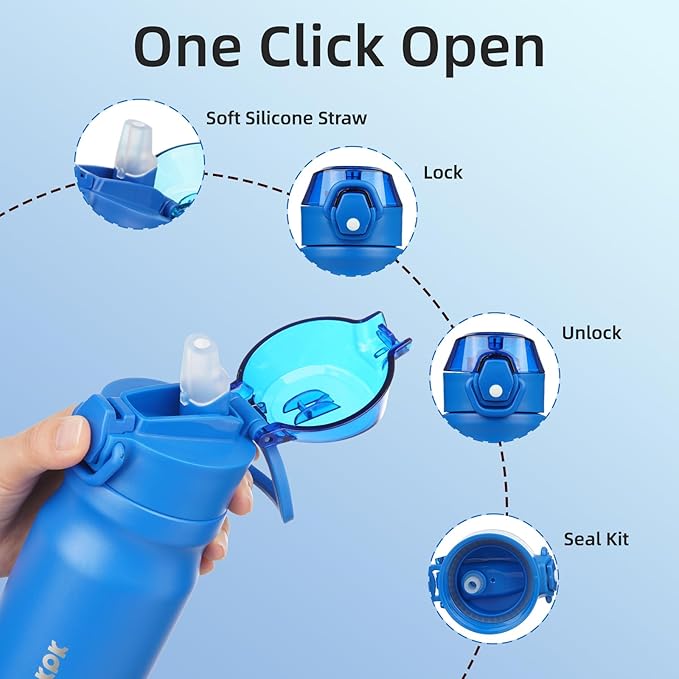 BJPKPK Insulated Water Bottle 14oz Stainless Steel Water Bottles With Straw And Carry Handle Double Wall Metal Thermo,Blue