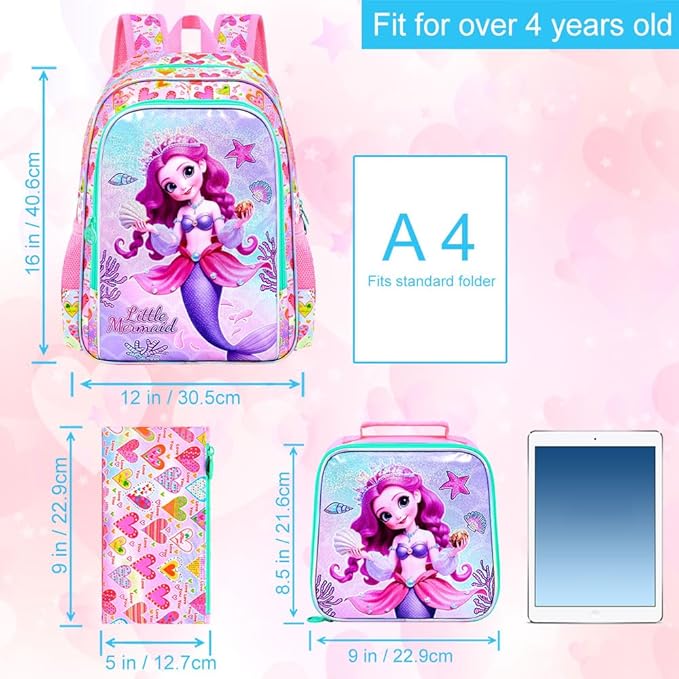 CCJPX 16" Mermaid Backpack for Girls, 3Pcs Kids Bookbag with Lunch Box, Water Resistant Elementary School Bag for Kindergarten Preschool Toddler (Pink)