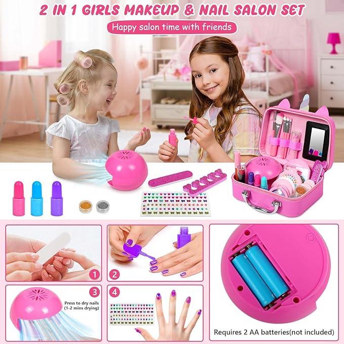 2 In 1 Kids Makeup Sets for Girls 3-5 5-8 8-12 Nail Art Machine Kits for Girl Toys Real Makeup Kit Pretend Makeup Set Princess Dress Up Christmas Birthday Gifts For 3 4 5 6 7 8 9 10 11 12 Girl Boy