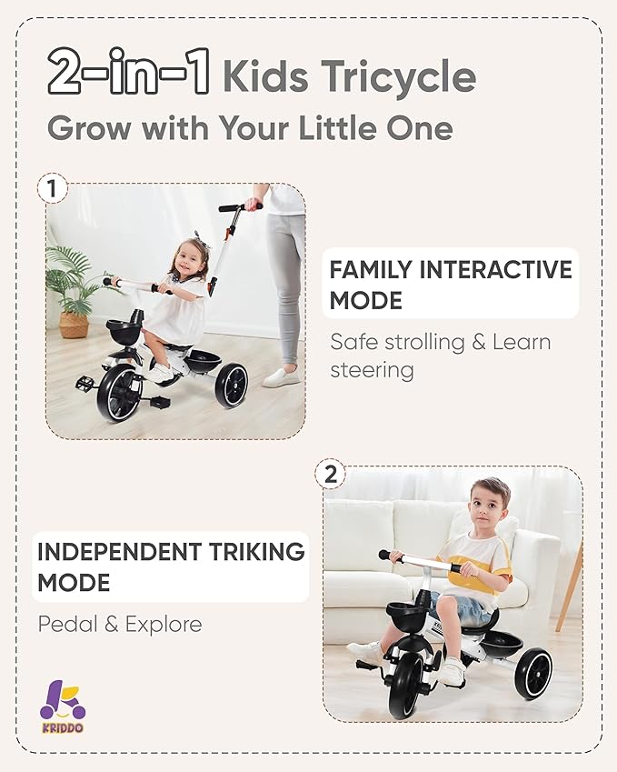KRIDDO 2-in-1 Toddler Tricycle for Ages 18 Months to 5 Years Old - Extended Push Handle for Effortless Push, Gift Trike for Toddler 3 to 5 Year, Kids Tricycle with Foldable Front Footrest, White