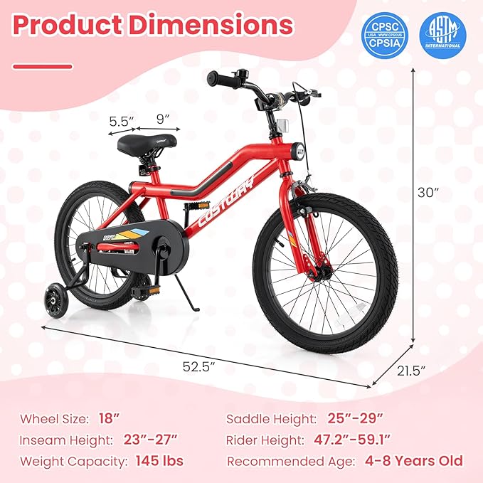 COSTWAY 16”/18” Lighted Kids Bike, Children Sport Bicycle with LED Light-up Frame, Adjustable Saddle, Training Wheels, Handbrake & Coaster Brake, Kids Riding Bike for 4-7/4-8 Years Old Boys & Girls