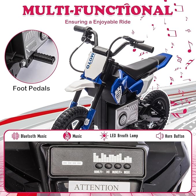 Electric Dirt Bike for Kids Ages 5-10, 24V 200W Higher Speed Electric Motorcycle, Kids Ride On Motorcycle with Rear Wheel Shock Absorber, LED Breathing Light, Bluetooth, Music, Horn, Blue