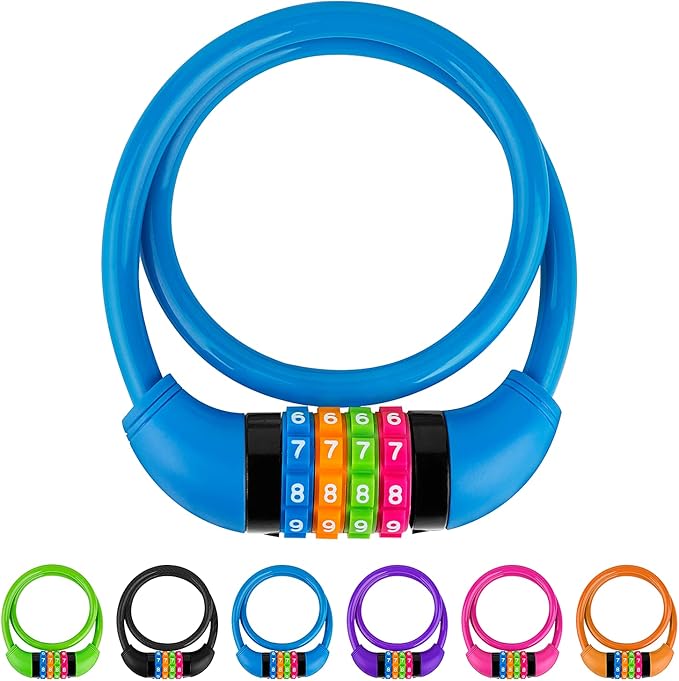 Bike Lock Cable, Bicycle Cable Lock with 4 Digit Combination & Large Lock Head, Resettable Kids Bike Cable Lock, 2 Ft x ∅0.45 in, Lock for Bike, Scooter, Skateboard, Motorcycle, E Bike (Bule)