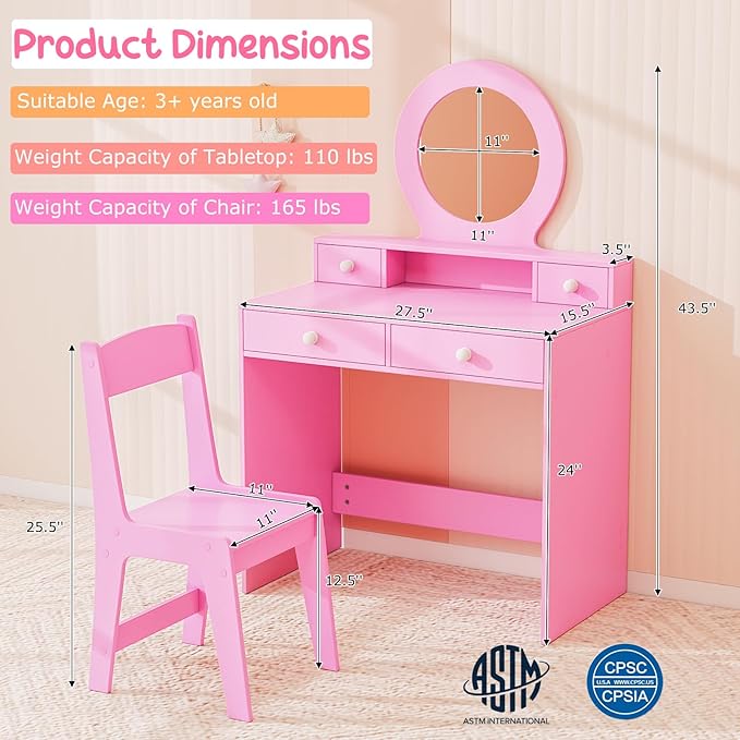 Costzon Kids Vanity, Princess Makeup Dressing Desk with Mirror and Stool, 4 Storage Drawers, Vanity Table and Chair Set for Little Girls (Pink)