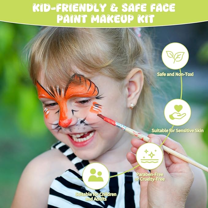 Pintada 44 Color Face Painting Kit for Kids - Non Toxic Water Activated Face Paint Palette with Stencils, Brushes, Gems & Glitter. Halloween, Carnival, Party; Costume Makeup for Creative Activities