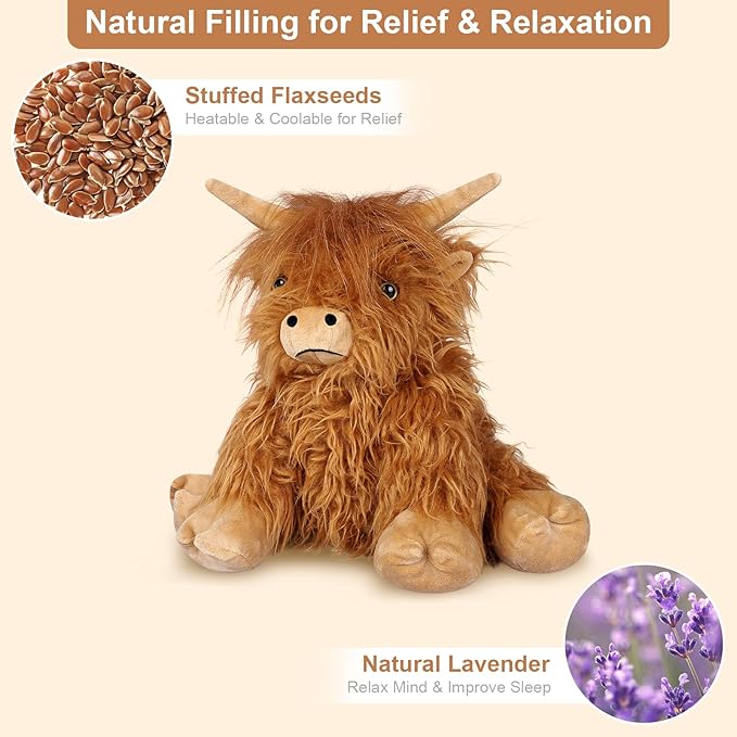 2Pcs Heatable & Coolable Highland Cow Stuffed Animal Plushie, Microwavable Heating Pad for Soothing & Relaxation, Lavender Scented Cattle Plush Toys for Stress Relief, Stuffed Cow Gifts