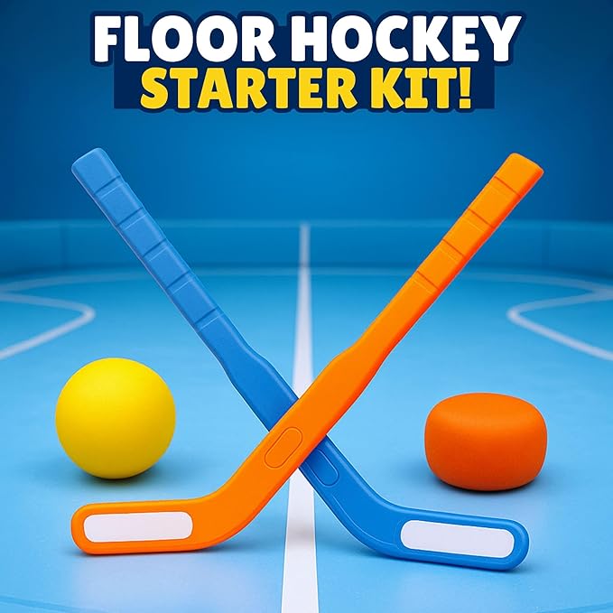 Kids Floor Hockey Stick Set - 29" Youth Indoor Outdoor Toys Sports Starter Set with Plastic Puck and Ball for Toddlers, Children Ages 3-7 (2 Pack)