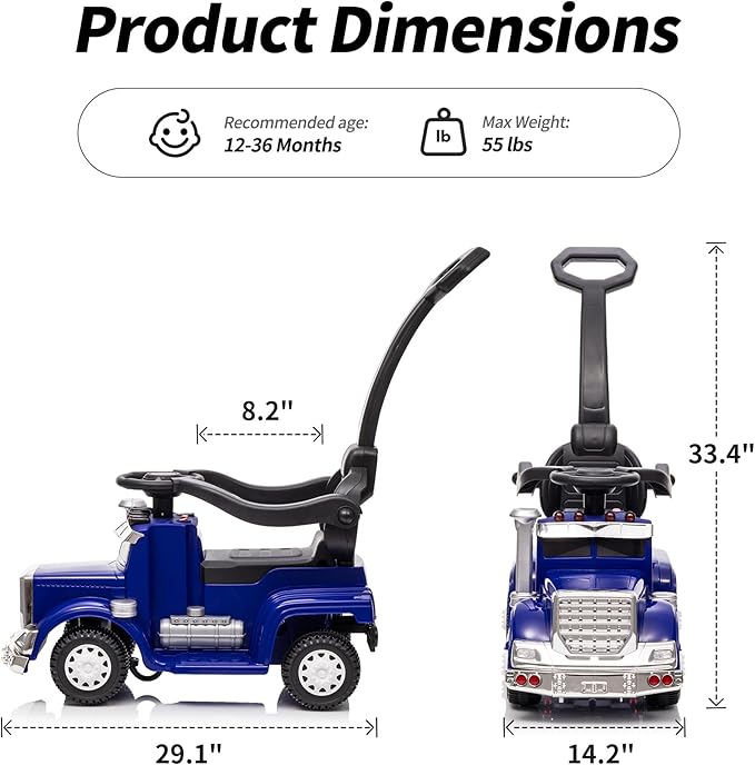 3-in-1 Ride on Push Car for Toddler with Handle, Toddler Ride on Toy for Boys, Stroller Sliding Walking Car w/Music, Horn and Lights - Blue