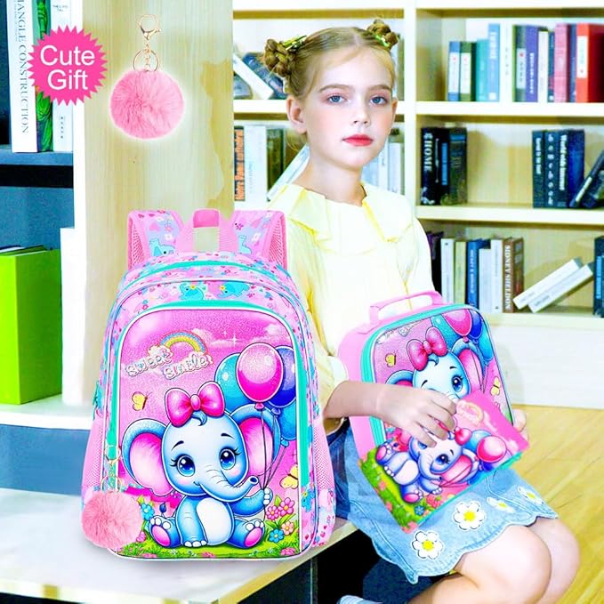 CCJPX 3PCS Backpack for Girls, 16”Elephant Bookbag with Lunch Box, Kids Water Resistant Elementary School Bag for Preschool Kindergarten Toddler