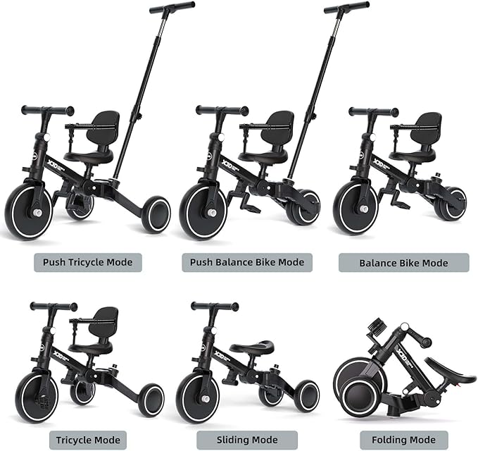 XJD Toddler Bike, 6 in 1 Folding Toddler Tricycle for 1-4 Year Old with Parental Control Handle, Balance Bike with Removable Pedal, Backrest, Adjustable Seat and Handle, First Birthday Gifts (Black)