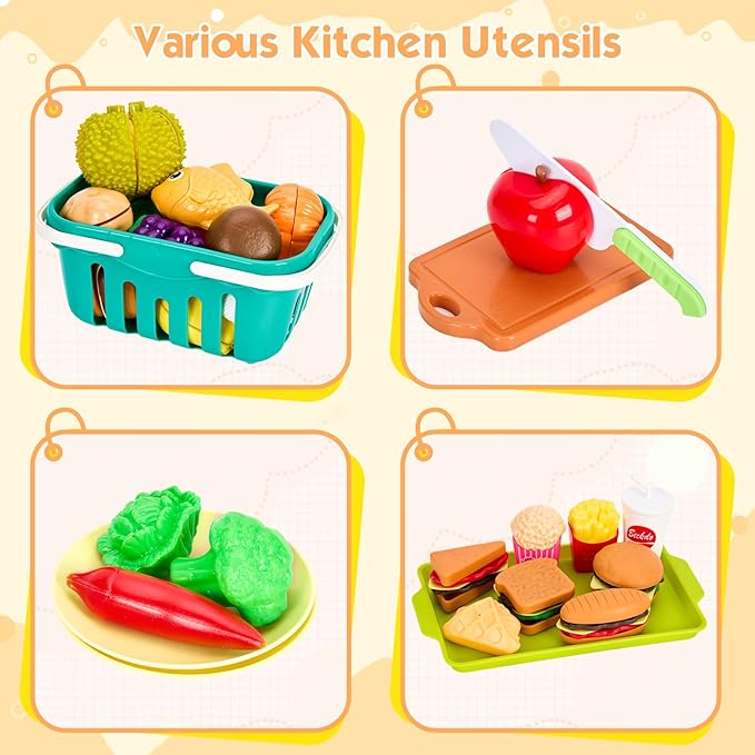 200Pcs Mini Play Kitchen Accessories for Kids, Pretend Cooking Playset with Cookware, Tableware & 2 Fruit Sets, Learning Gift for Girls, Boys, Toddlers, Yellow