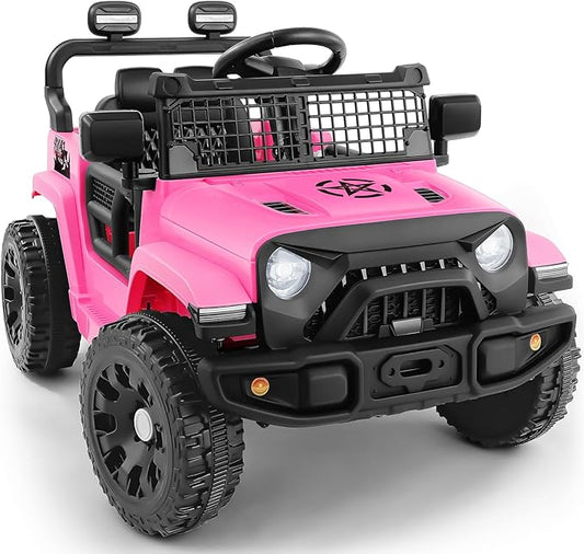ELEMARA Kids Ride on Car, 12V Ride on Toys w/Remote, Electric Cars for Kid w/Bluetooth, LED Lights, Battery Car for Toddlers, Battery Powered Off-Road Vehicle w/Shock Absorbers, Kids Driving Car-Pink