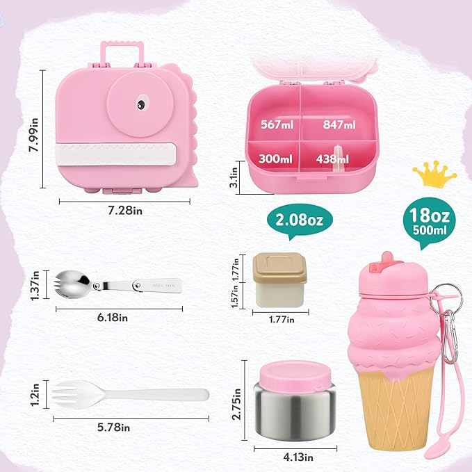 Dinosaur Lunch Box for Kids with Secret Compartment | 4 Compartments Bento Box + 12oz Insulated Food Jar | Leak-Proof Sauce Cup & Collapsible Spoon | BPA-Free, Dishwasher Safe(Grey+Grey Jar)