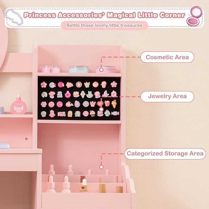 INFANS Kids Vanity with Lights, Princess Makeup Desk with Mirror Storage Shelves, Toddler Table and Chair Set Pretend Play for Girls Aged 4-9 (Pink)