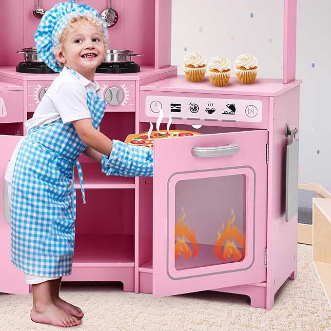 JOYLDIAS Kids Play Kitchen,Corner Wooden Pretend Toddler Kitchen Toys Playset with Realistic Lights & Sounds,Microwave Oven,Water Dispenser, Phone, Sink,Cooking Accessories, for Ages 3+, Pink