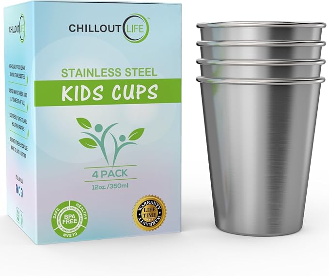 CHILLOUT LIFE Stainless Steel Cups for Kids and Adult 12 oz – Metal Kids Cups stackable for Home & Outdoor Activities, BPA Free Healthy Unbreakable Premium Metal Drinking Pint Glasses (4-Pack)