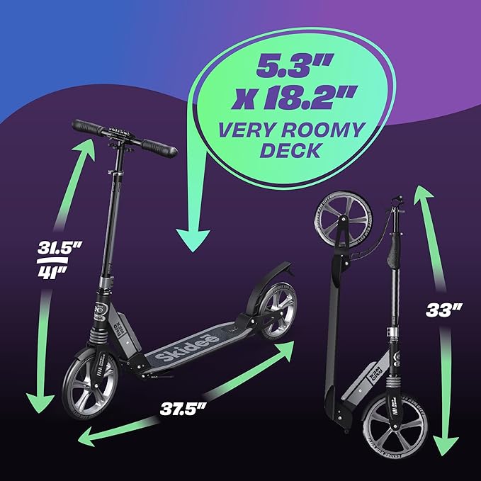 Skidee Adult & Teen Scooter Adjustable Height, Folding, Large Wheels, Lightweight, Durable, Anti-Shock Suspension, Up to 220 lbs