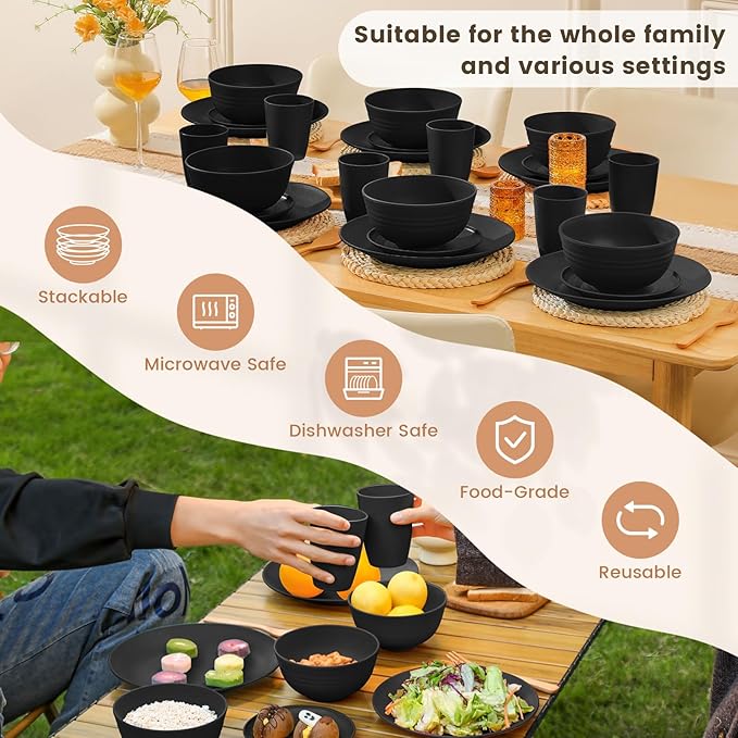 Homienly 24-Piece Wheat Straw Dinnerware Sets,Service for 6 - Cups, Plates and Bowls Sets,Reusable Dishwasher and Microwave Safe Melamine Dinnerware Set for Home,Camping,RVs - Black