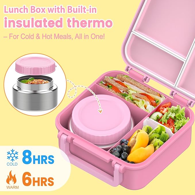 Bento Lunch Box for Kids with 9oz Thermo, Leak-proof Lunch Containers with 3 Compartments,Kids-friendly Size,Durable/Dishwasher Safe Lunch Box for School Outdoors-Pink
