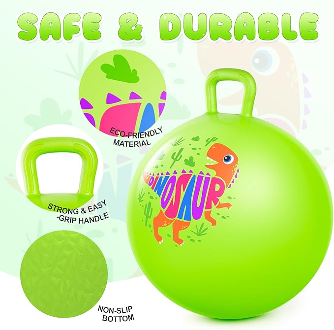 PlayZap Hopper Ball for Kids 3-8,18 Inch Green Dinosaur Bouncy Ball with Handle, Inflatable Hippity Hop Bounce Hopping Toys Indoor Outdoor for Boys Girls Gifts