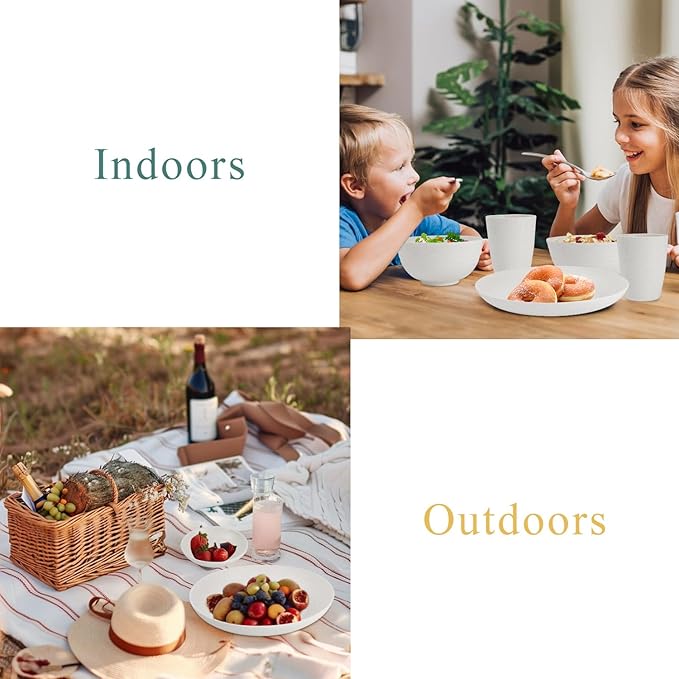 Wrova Wheat straw bowl and plate sets of 16 with cups - Unbreakable plastic dinnerware sets for kitchen - Microwave and Dishwasher safe dishes for kitchen,camping,indoors and out doors. White