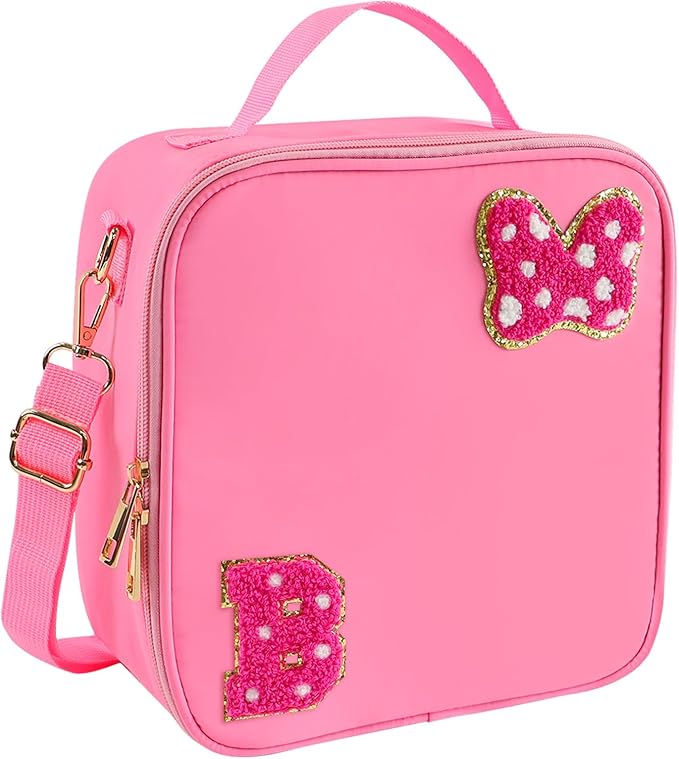 Preppy Initial Bow Mouse Lunch Bag, Kids Insulated Lunch Box Gifts for Teen Girls Daughter, Reusable Soft Lunch Containers Crossbody Cooler Bag Must Haves for Park Travel School Work Picnic Pink B